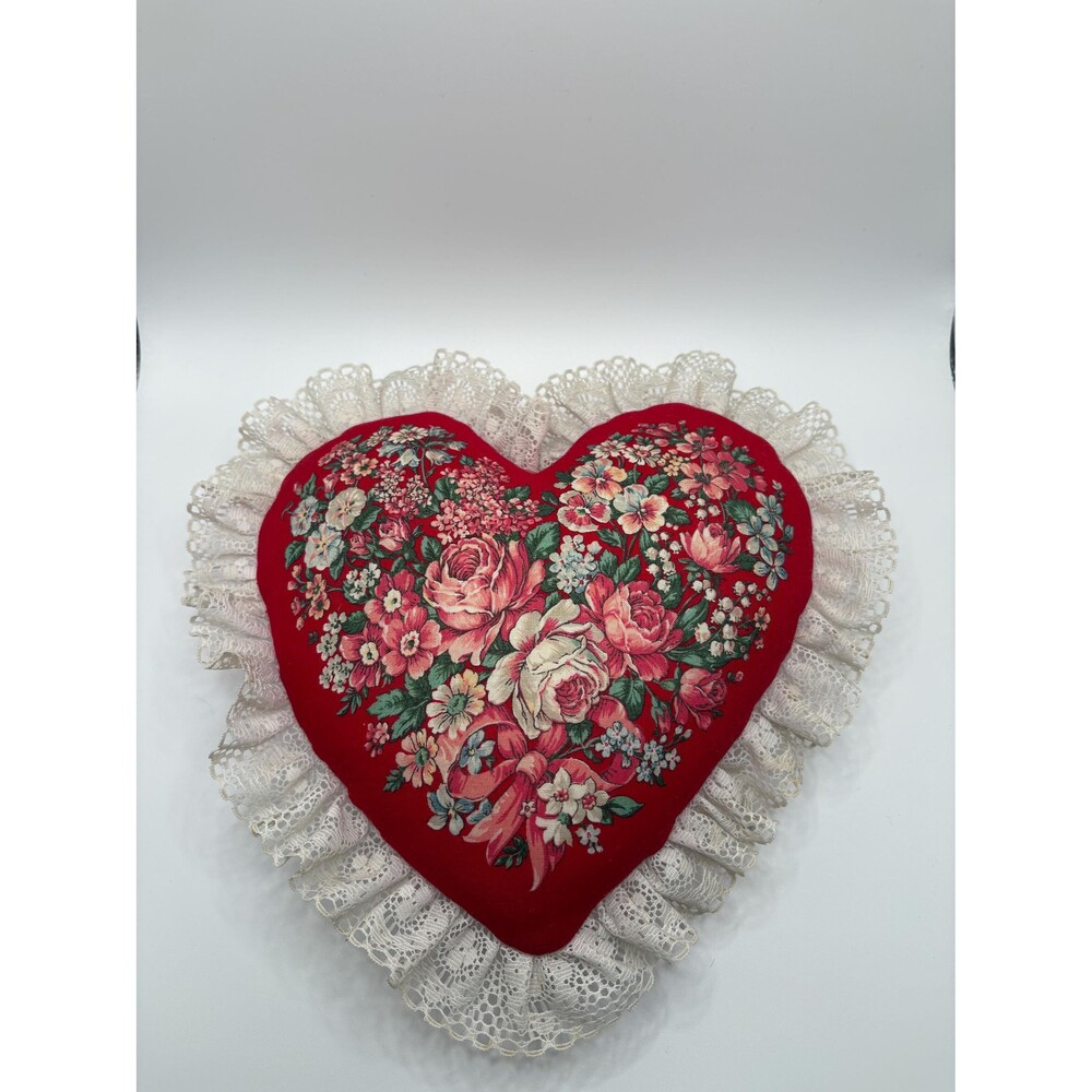 Vintage Floral Bouquet Heart Shaped Accent Pillow Roses Cottagecore